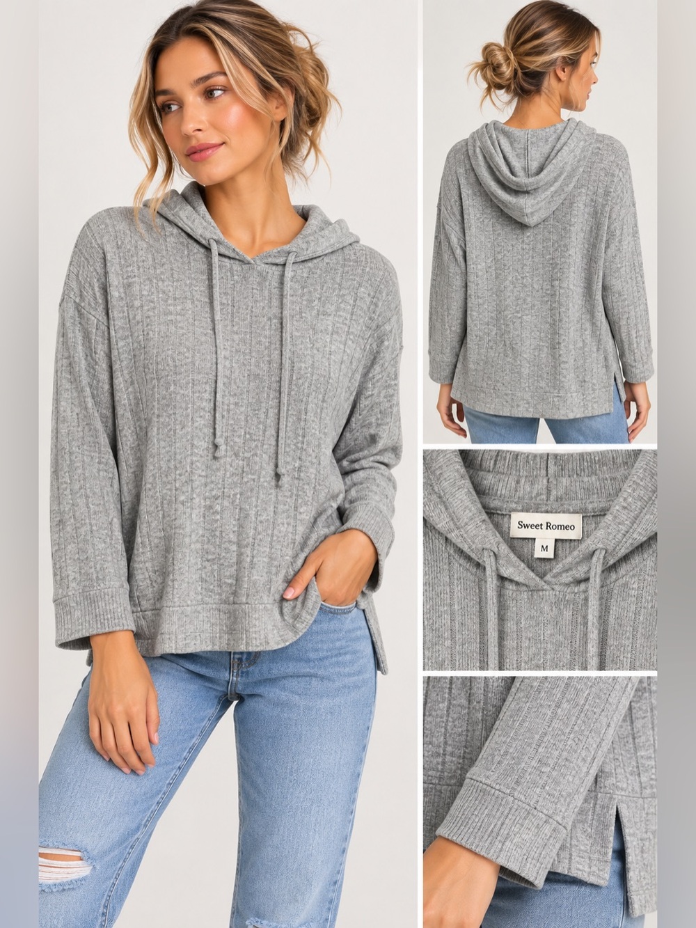 Sweet Romeo Heather Gray Ribbed Knit Oversized Hoodie Size M NWT